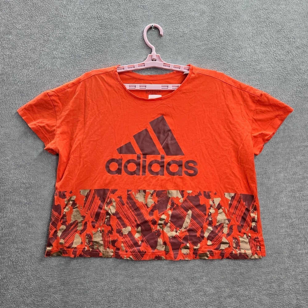 Adidas Women Top XL Orange Shirt Abstract Camo Cropped Logo Graphic Crew Neck